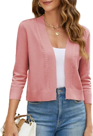 Women's Cropped Cardigan Sweater 3/4 Sleeve Open Front Bolero Shrug Sweaters Soft Cotton Knit Jacket Top