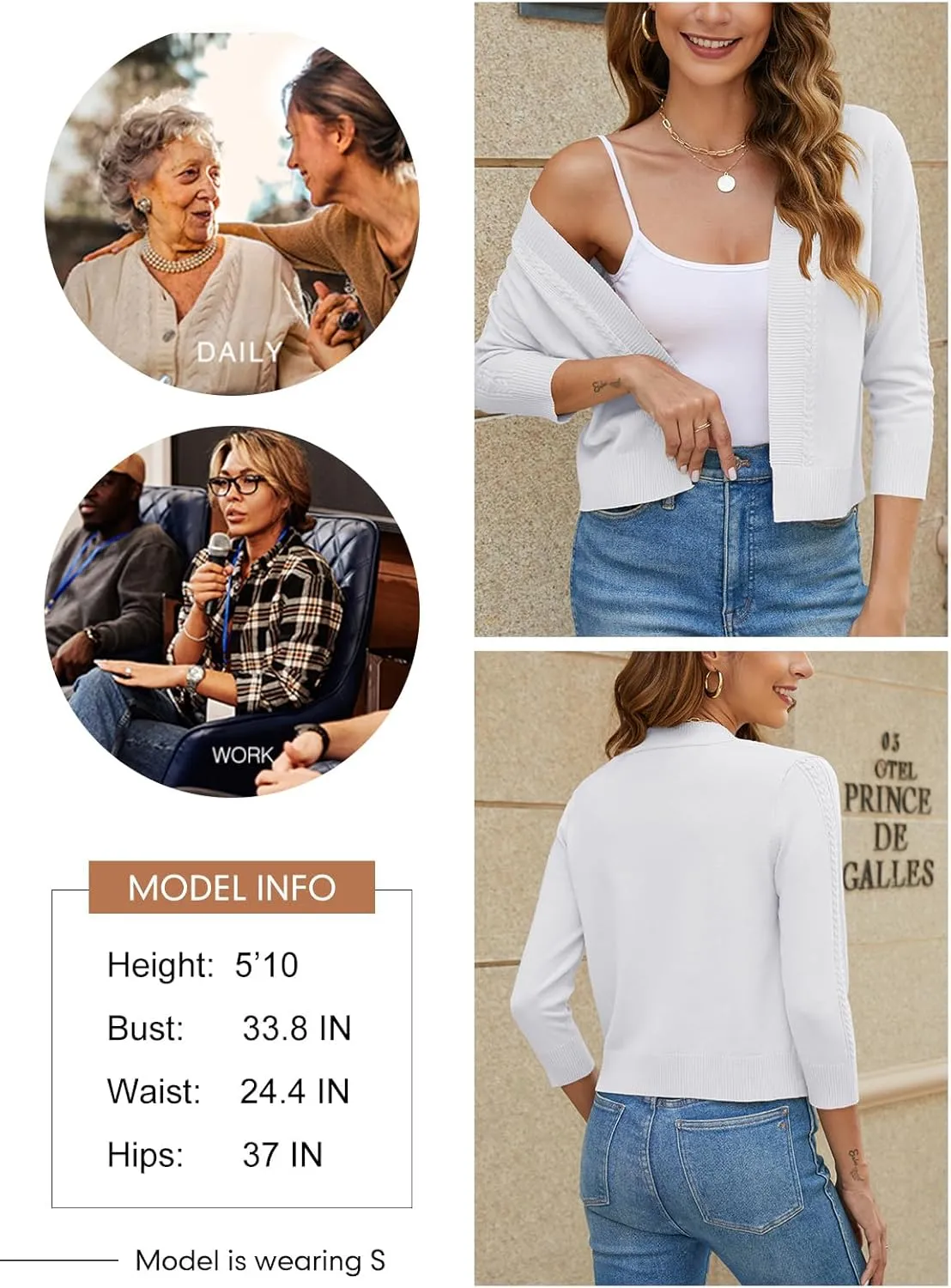 Women's Cropped Cardigan Sweater 3/4 Sleeve Open Front Bolero Shrug Sweaters Soft Cotton Knit Jacket Top