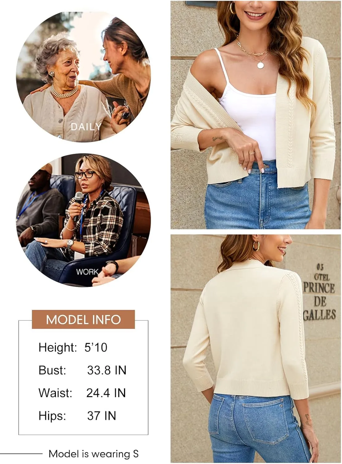Women's Cropped Cardigan Sweater 3/4 Sleeve Open Front Bolero Shrug Sweaters Soft Cotton Knit Jacket Top
