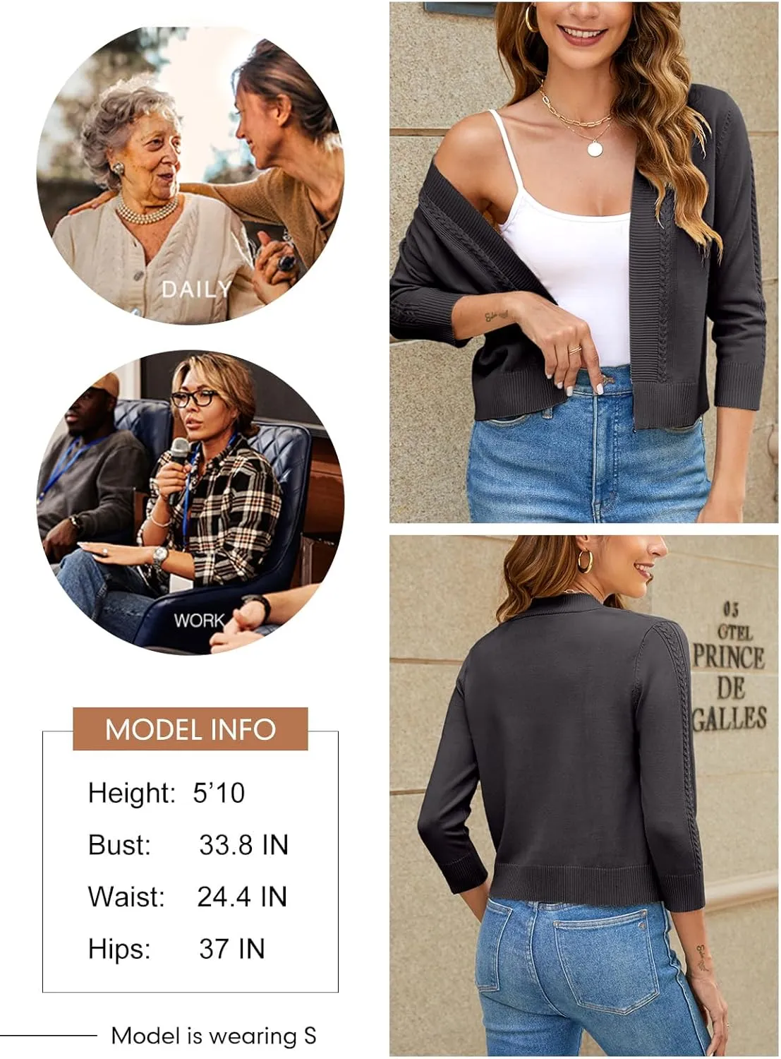Women's Cropped Cardigan Sweater 3/4 Sleeve Open Front Bolero Shrug Sweaters Soft Cotton Knit Jacket Top