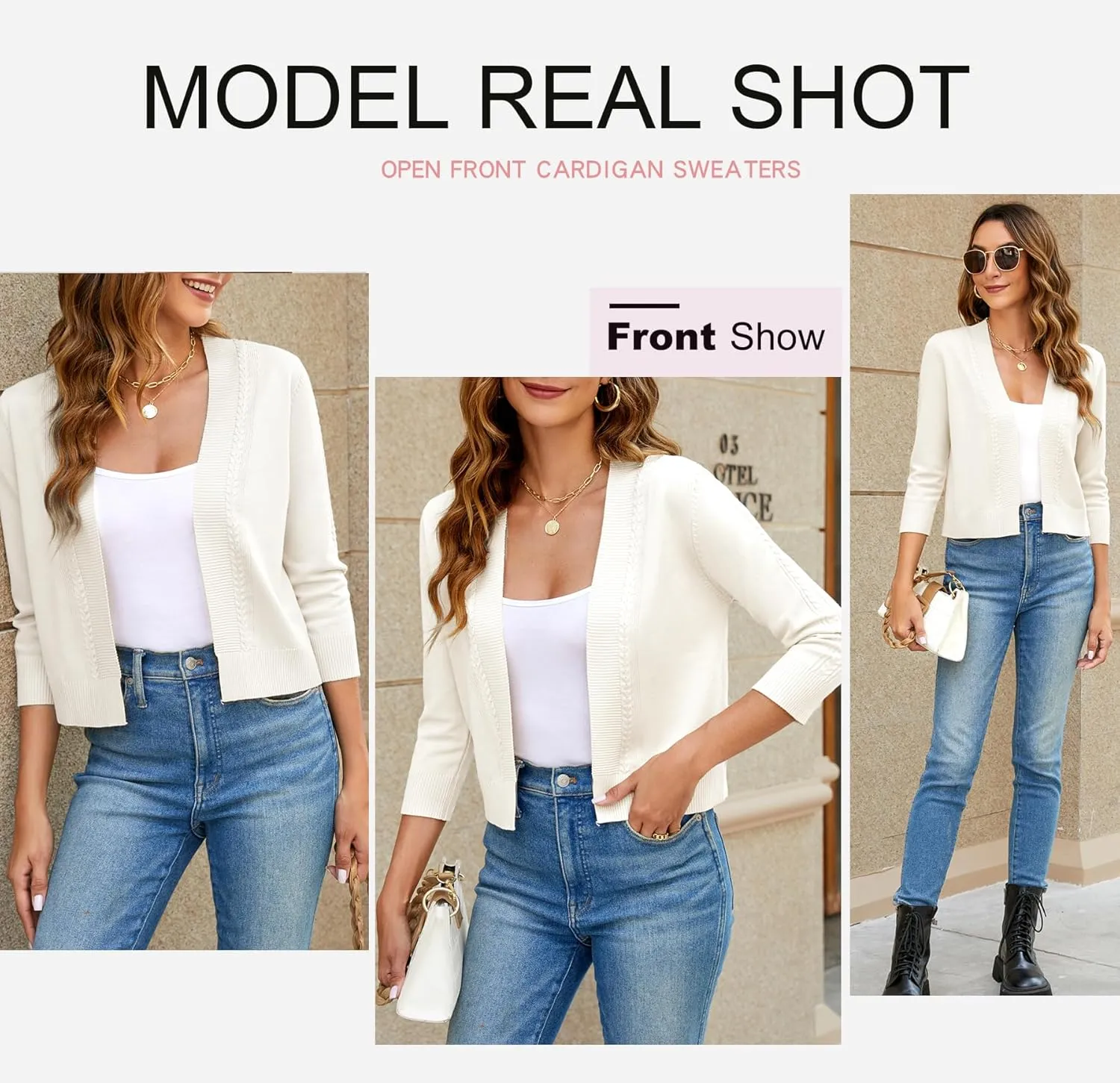 Women's Cropped Cardigan Sweater 3/4 Sleeve Open Front Bolero Shrug Sweaters Soft Cotton Knit Jacket Top