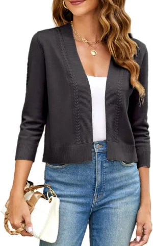 Women's Cropped Cardigan Sweater 3/4 Sleeve Open Front Bolero Shrug Sweaters Soft Cotton Knit Jacket Top