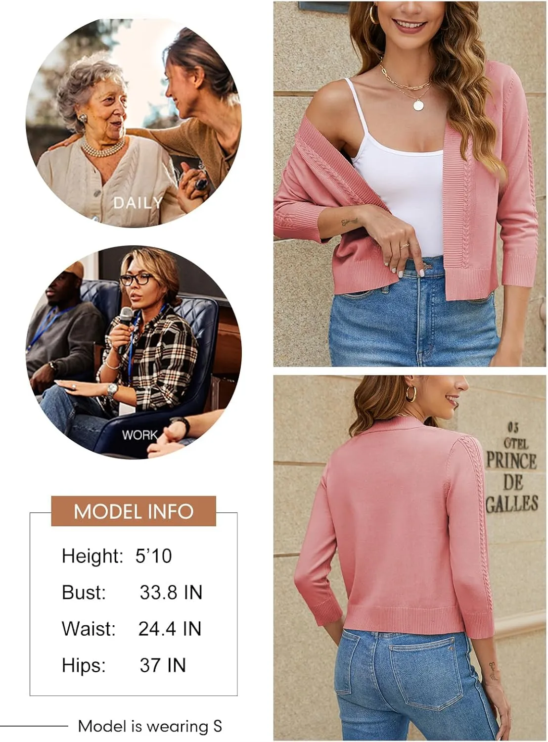 Women's Cropped Cardigan Sweater 3/4 Sleeve Open Front Bolero Shrug Sweaters Soft Cotton Knit Jacket Top