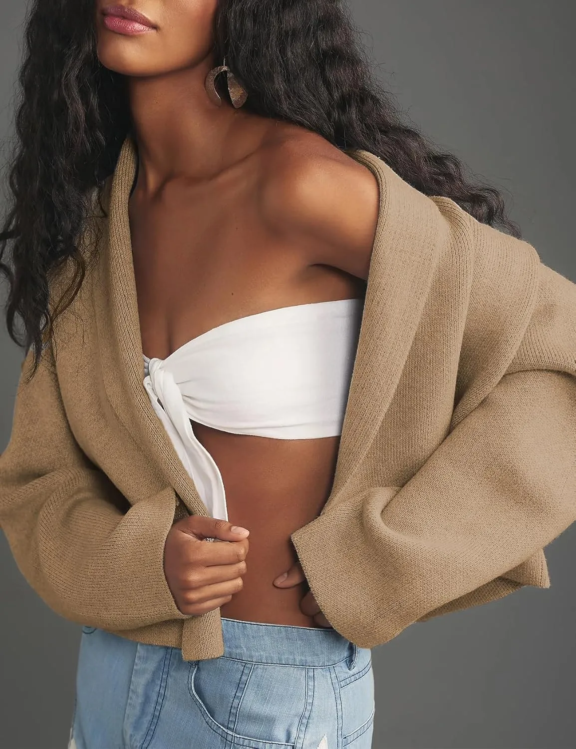 Womens Cropped Cardigan Sweaters Chunky Knit Shawl Collar Sweater Jacket Trendy Fall Winter Cardigans