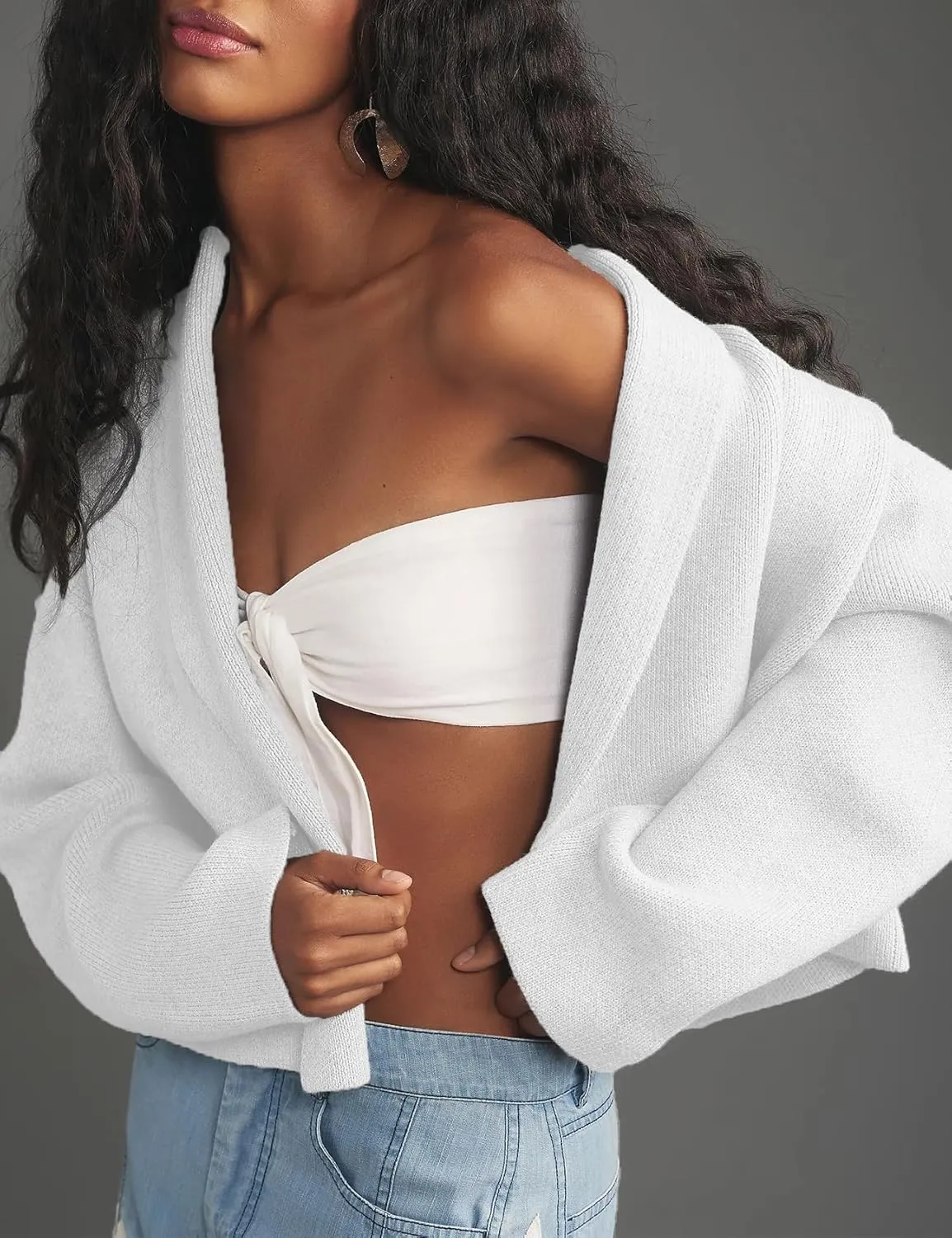 Womens Cropped Cardigan Sweaters Chunky Knit Shawl Collar Sweater Jacket Trendy Fall Winter Cardigans