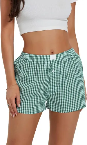 Women's Elastic Waisted Plaid Shorts Y2K Lounge Pajama Shorts Cute Sleeping Boxer Shorts for Women Gingham Shorts