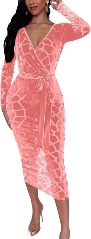 Women's Elegant Bodycon Long Dresses Deep V Neck Long Sleeves Club Night Party Midi Dress