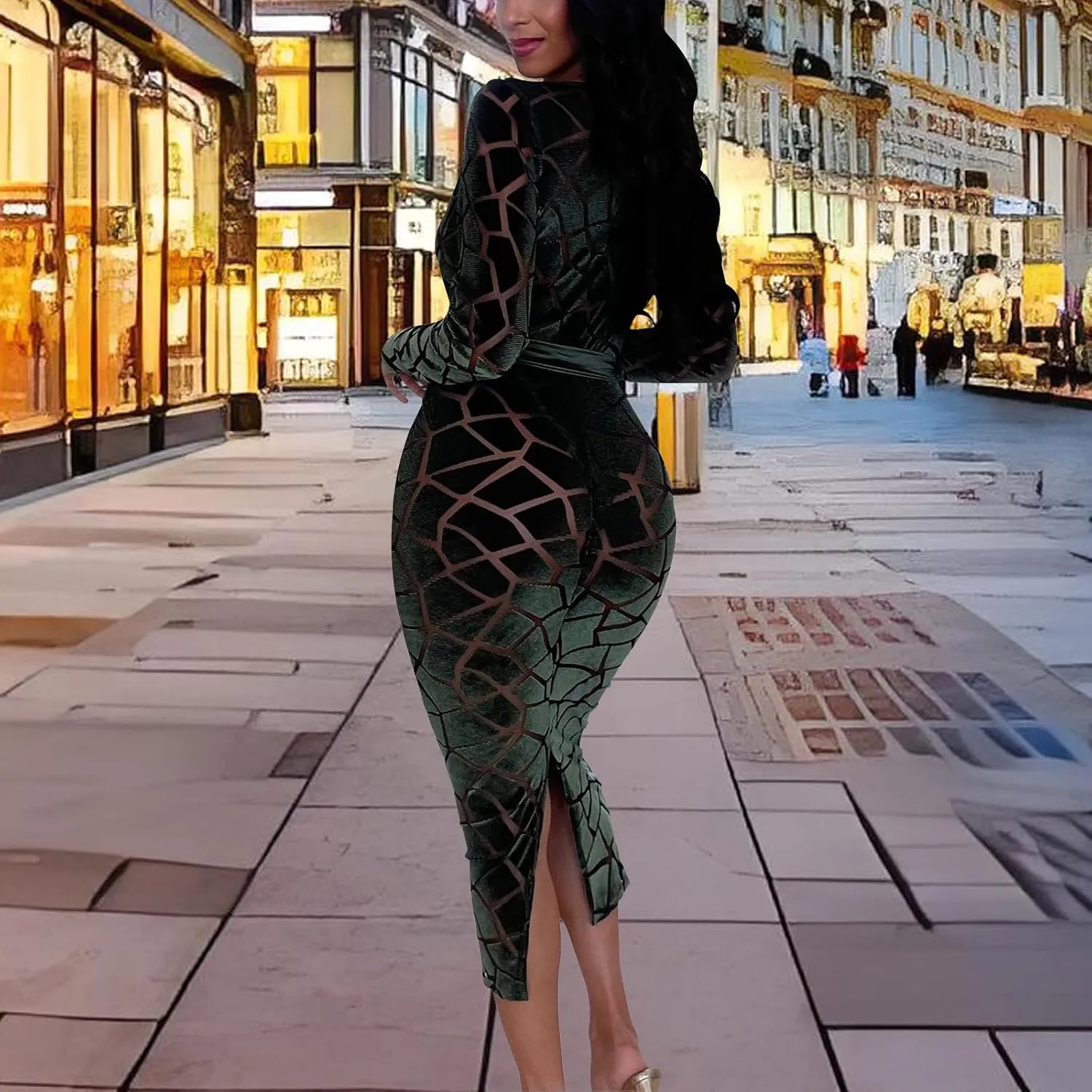 Women's Elegant Bodycon Long Dresses Deep V Neck Long Sleeves Club Night Party Midi Dress
