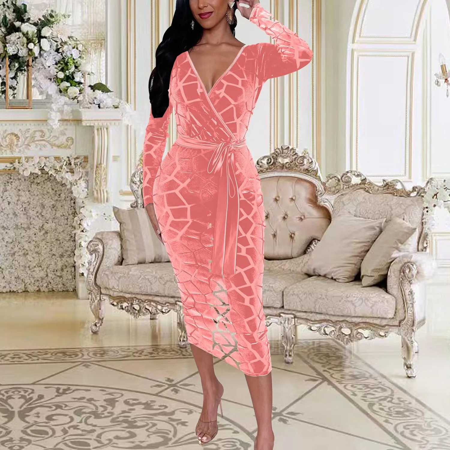 Women's Elegant Bodycon Long Dresses Deep V Neck Long Sleeves Club Night Party Midi Dress