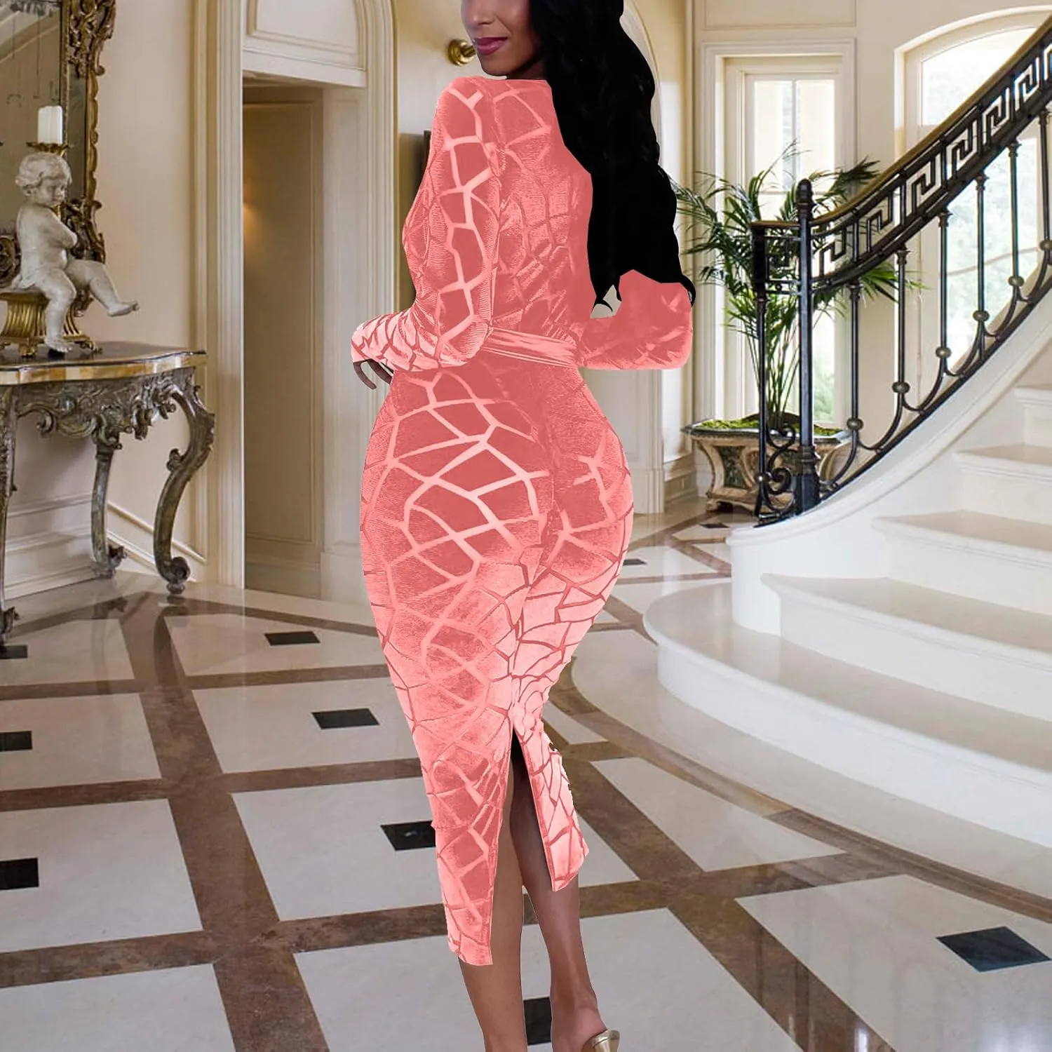Women's Elegant Bodycon Long Dresses Deep V Neck Long Sleeves Club Night Party Midi Dress