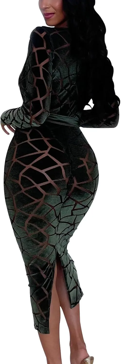 Women's Elegant Bodycon Long Dresses Deep V Neck Long Sleeves Club Night Party Midi Dress