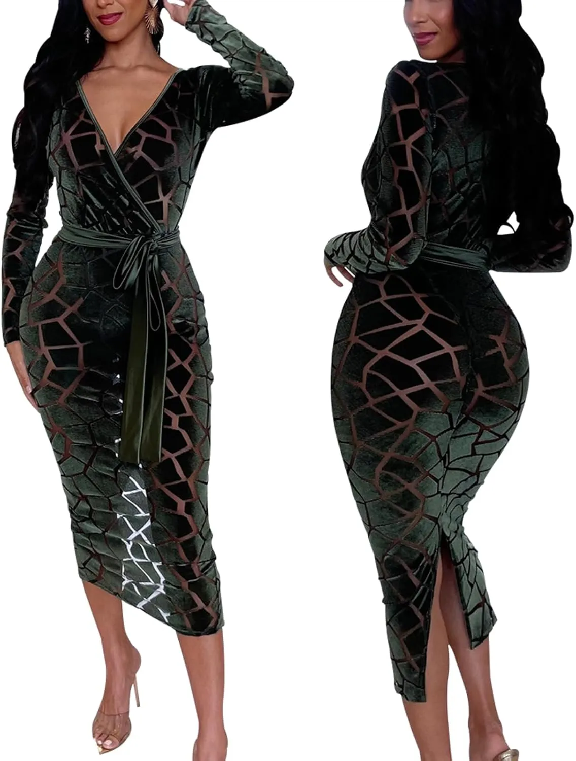 Women's Elegant Bodycon Long Dresses Deep V Neck Long Sleeves Club Night Party Midi Dress