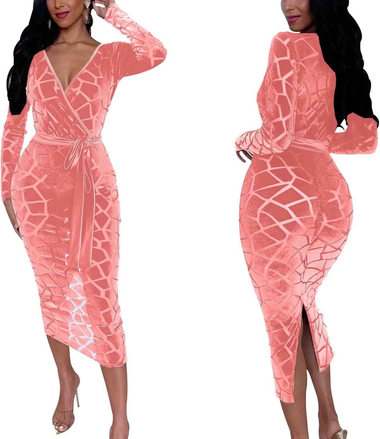 Women's Elegant Bodycon Long Dresses Deep V Neck Long Sleeves Club Night Party Midi Dress
