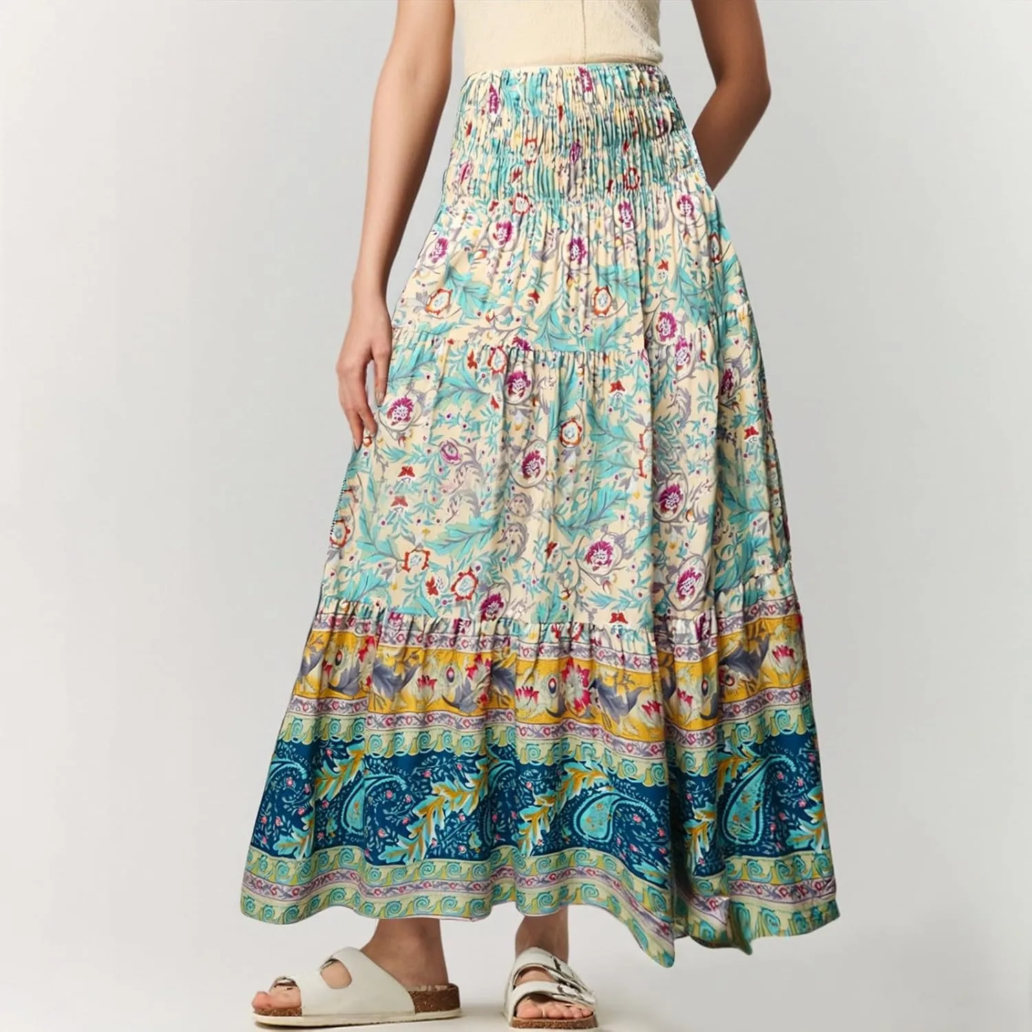Women's Fashion Maxi Skirts Solid Color Beach High Waist Bohemian A-Line Layered Halter Flowy Skirt