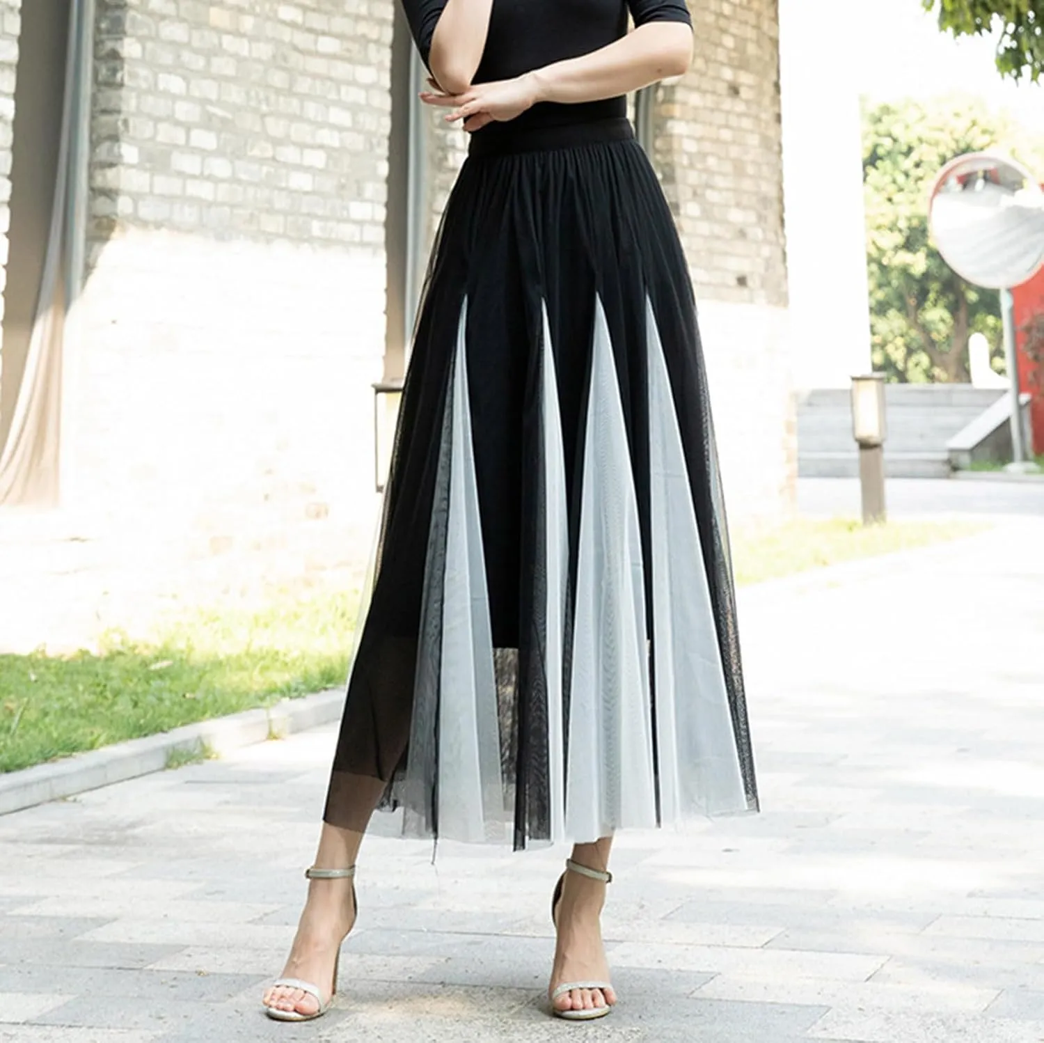 Womens Fashion Patchwork Mid Length Skirts Casual Flowy Tulle Bubble Fairy Skirt Carnival Holiday Party A Line Skirts