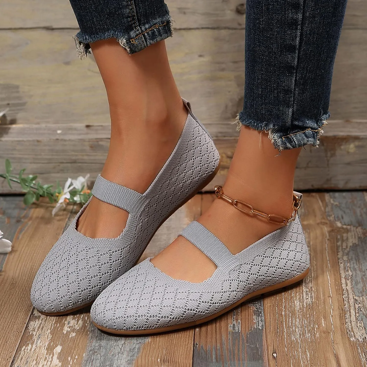Women's Fashion Round Head Knitting Flats Shoes Flying Woven Dressy Shoe Easy Slip On Comfort Casual Walking Shoes