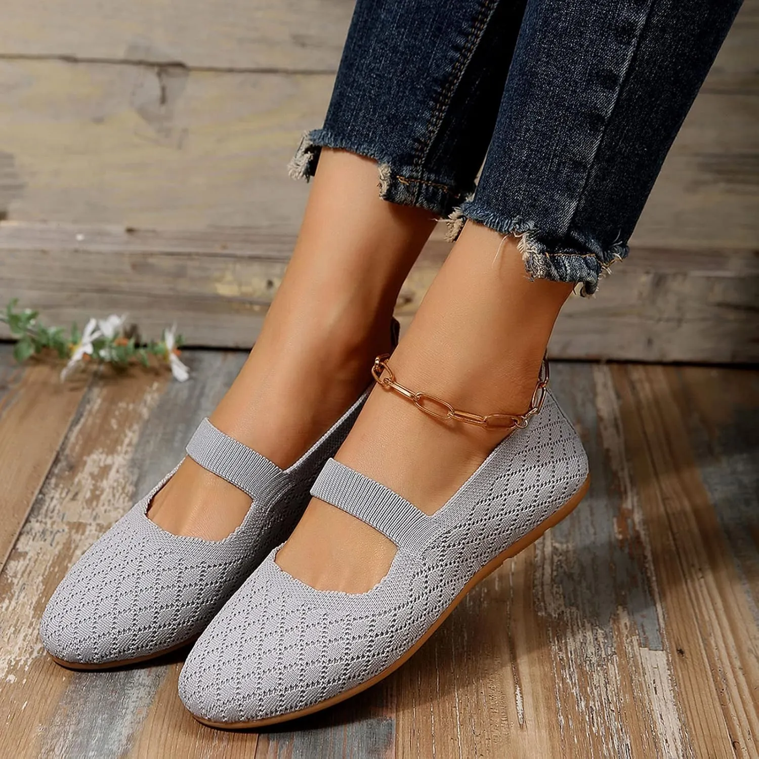 Women's Fashion Round Head Knitting Flats Shoes Flying Woven Dressy Shoe Easy Slip On Comfort Casual Walking Shoes