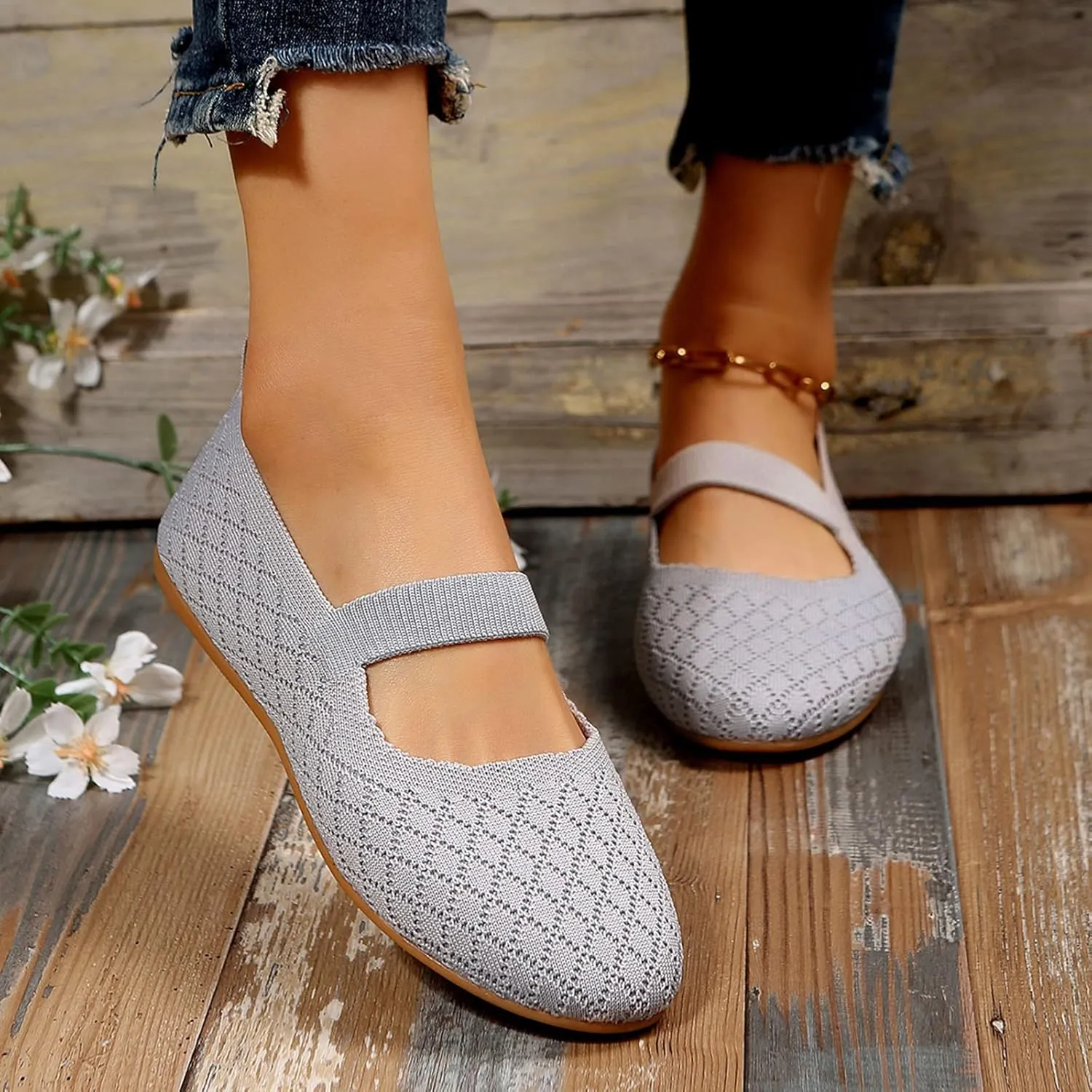 Women's Fashion Round Head Knitting Flats Shoes Flying Woven Dressy Shoe Easy Slip On Comfort Casual Walking Shoes