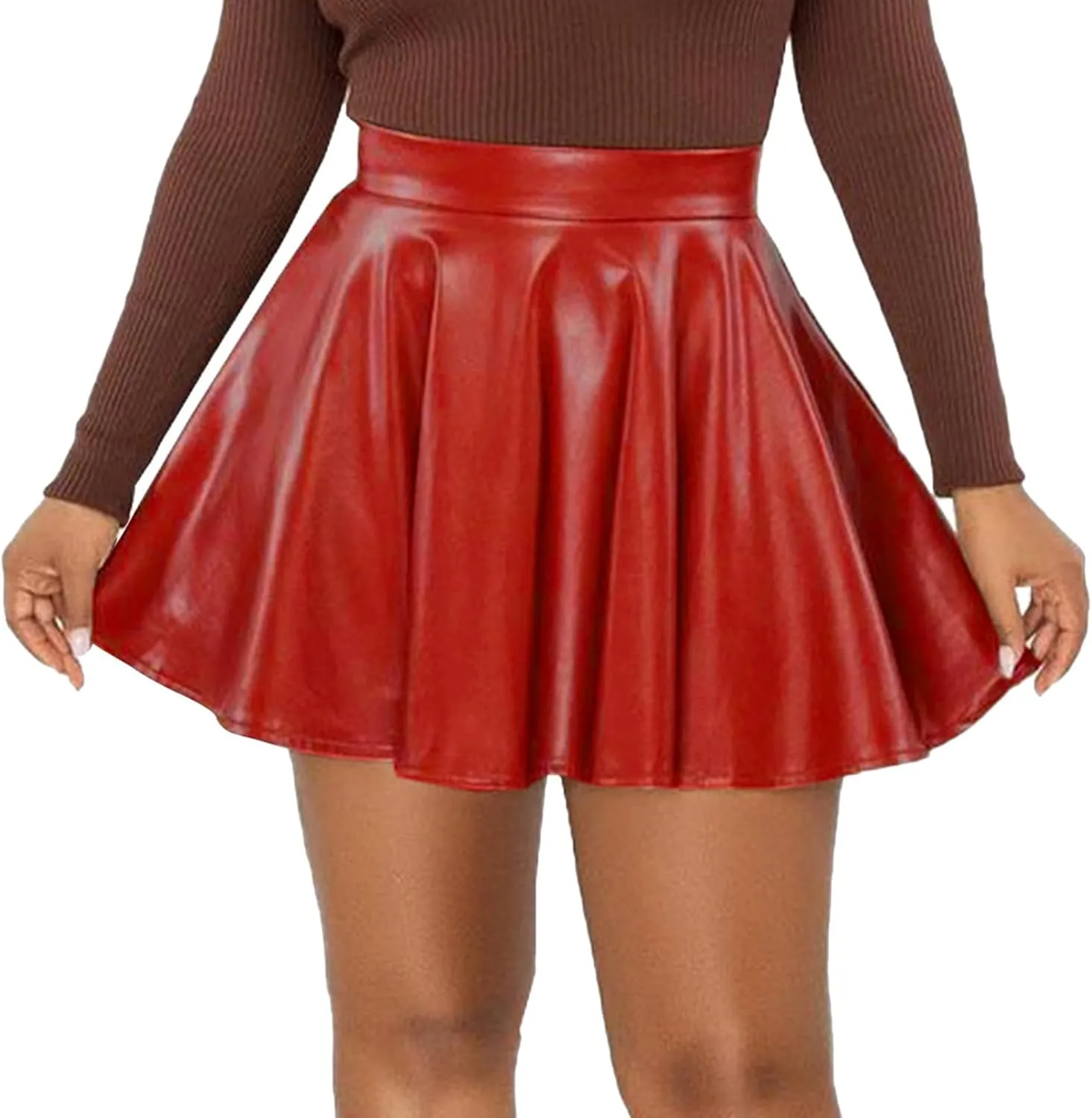 Women's Faux Leather Skirt Pleated Flowy High Waisted A Line Flare PU Leather Mini Skirt PVC Skirt Party Clubwear