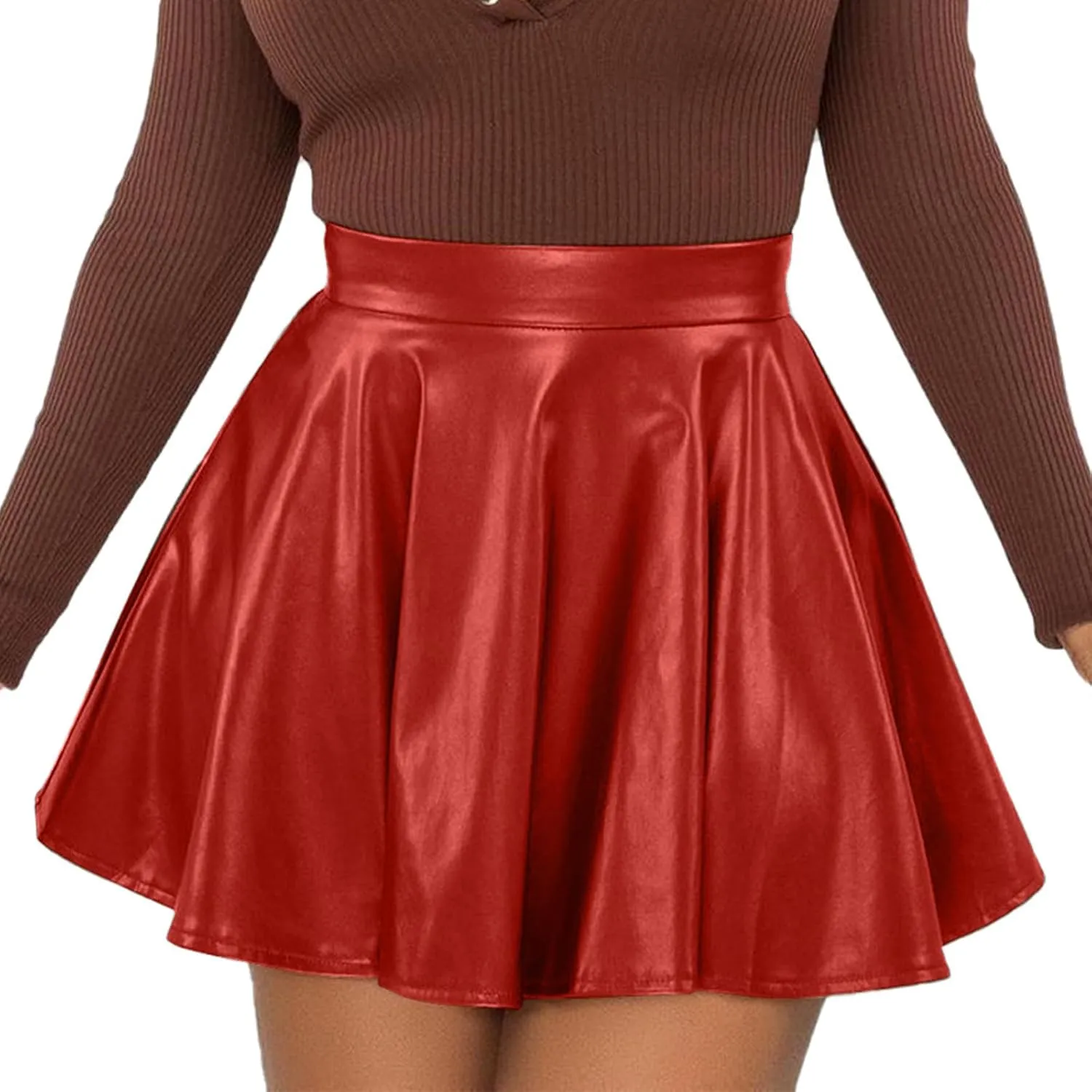 Women's Faux Leather Skirt Pleated Flowy High Waisted A Line Flare PU Leather Mini Skirt PVC Skirt Party Clubwear