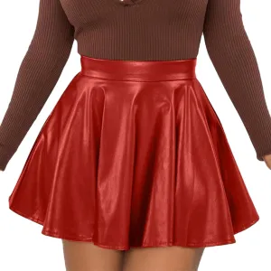 Women's Faux Leather Skirt Pleated Flowy High Waisted A Line Flare PU Leather Mini Skirt PVC Skirt Party Clubwear