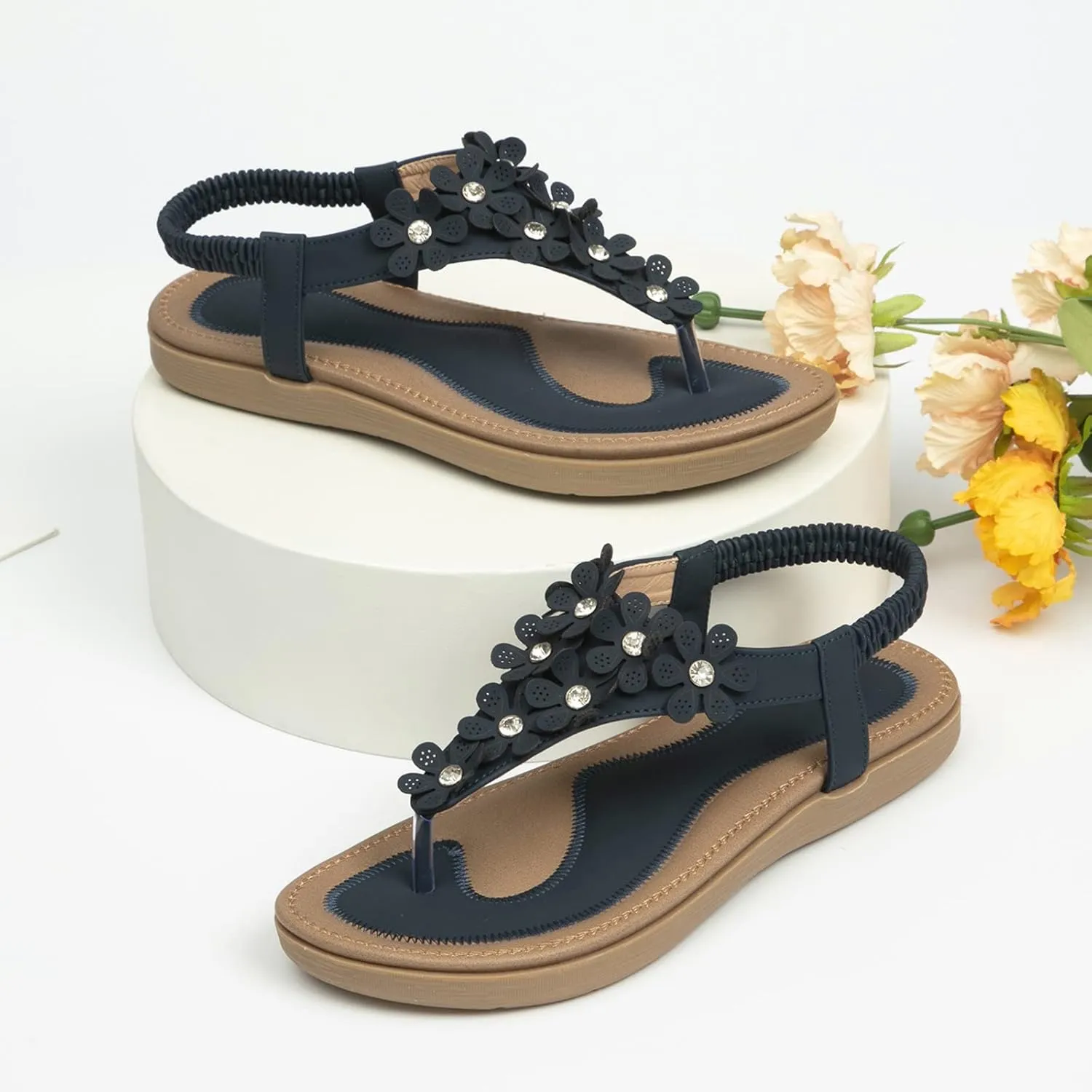 Women's Flat Sandals Summer Bohemia Floral Sandals Elastic Casual Comfortable Dress Shoes Ankle Strap Slides
