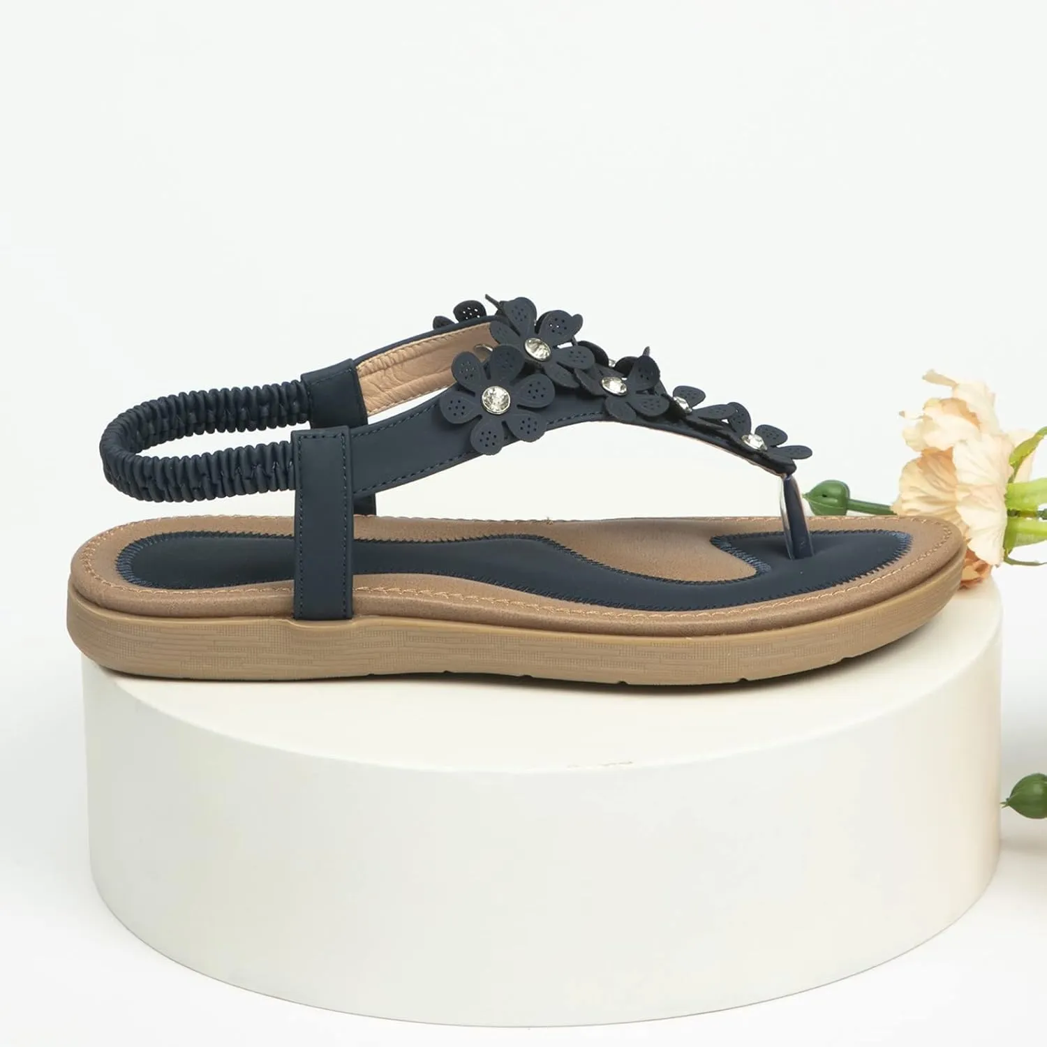 Women's Flat Sandals Summer Bohemia Floral Sandals Elastic Casual Comfortable Dress Shoes Ankle Strap Slides
