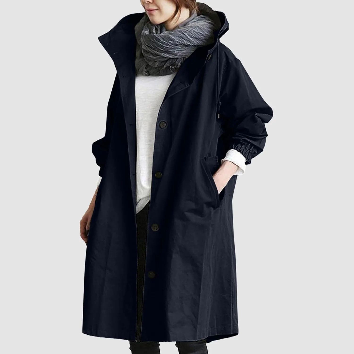 Womens Hooded Trench Coat Winter Lightweight Waterproof Rain Jacket Outdoor Button Down Oversized Windbreaker Outwear