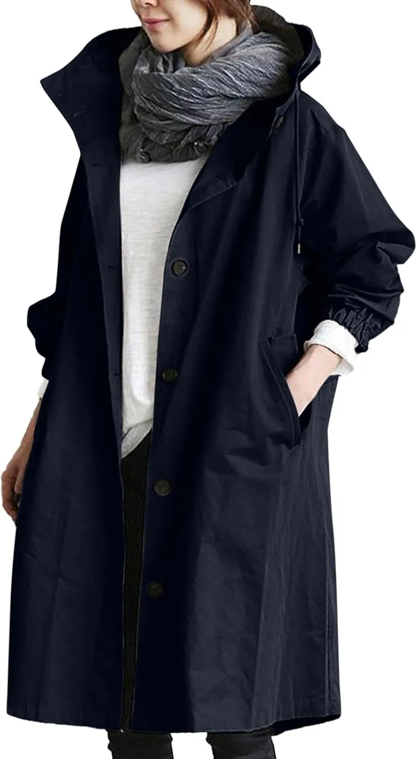 Womens Hooded Trench Coat Winter Lightweight Waterproof Rain Jacket Outdoor Button Down Oversized Windbreaker Outwear
