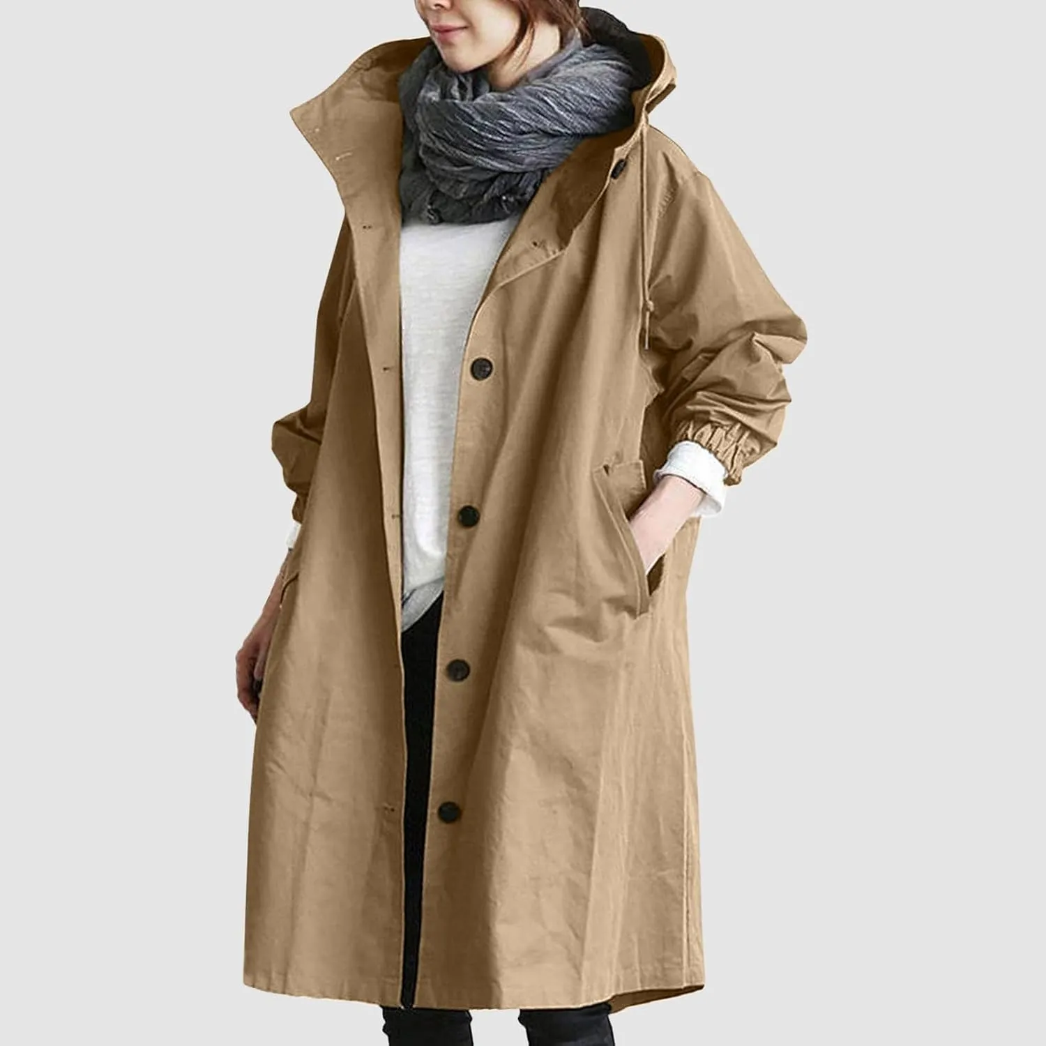 Womens Hooded Trench Coat Winter Lightweight Waterproof Rain Jacket Outdoor Button Down Oversized Windbreaker Outwear