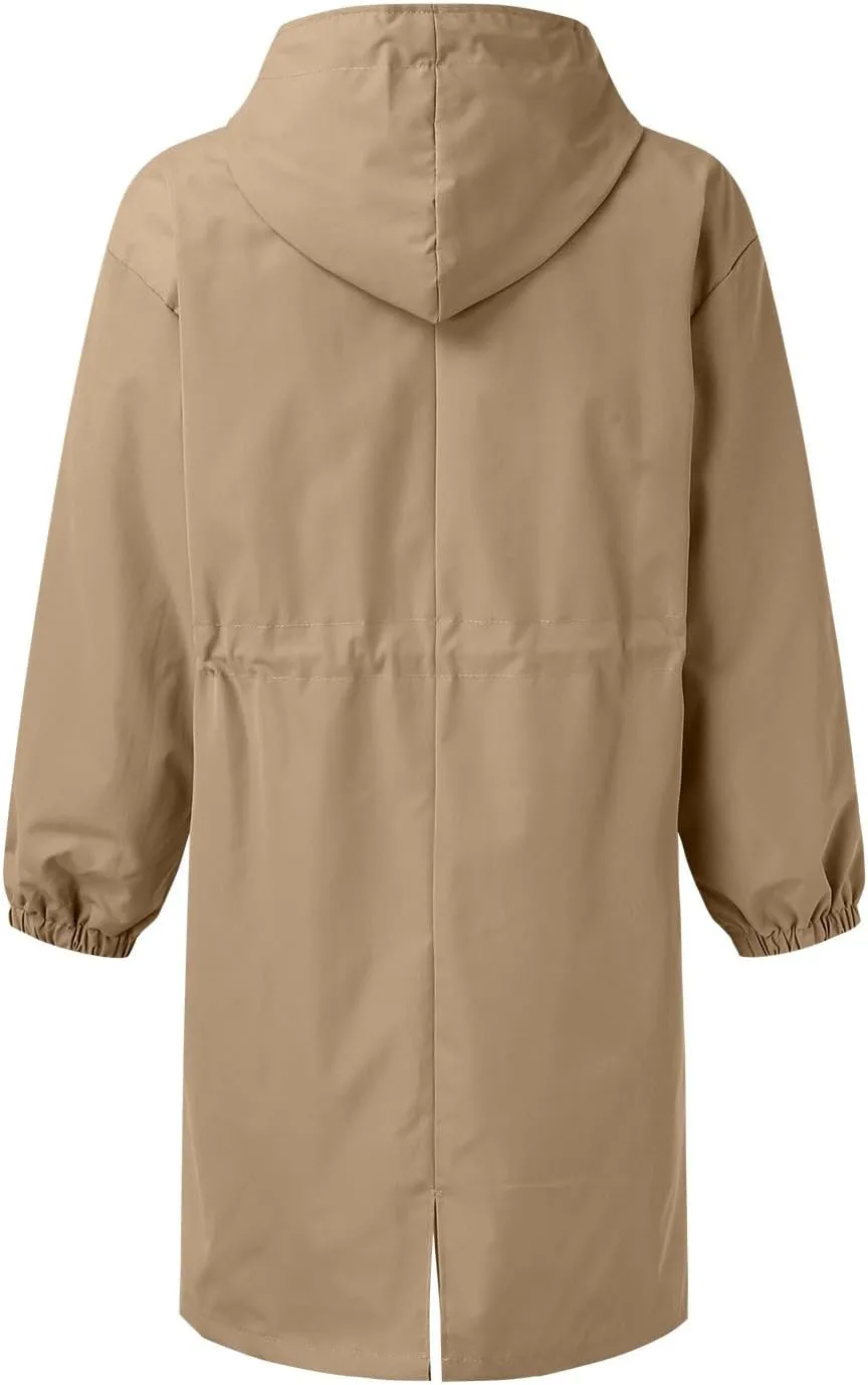 Womens Hooded Trench Coat Winter Lightweight Waterproof Rain Jacket Outdoor Button Down Oversized Windbreaker Outwear