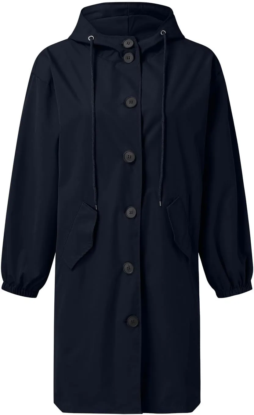 Womens Hooded Trench Coat Winter Lightweight Waterproof Rain Jacket Outdoor Button Down Oversized Windbreaker Outwear