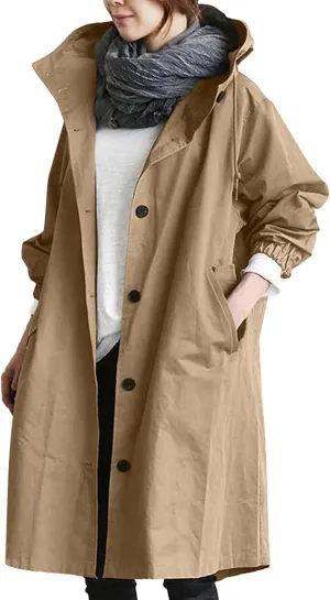 Womens Hooded Trench Coat Winter Lightweight Waterproof Rain Jacket Outdoor Button Down Oversized Windbreaker Outwear