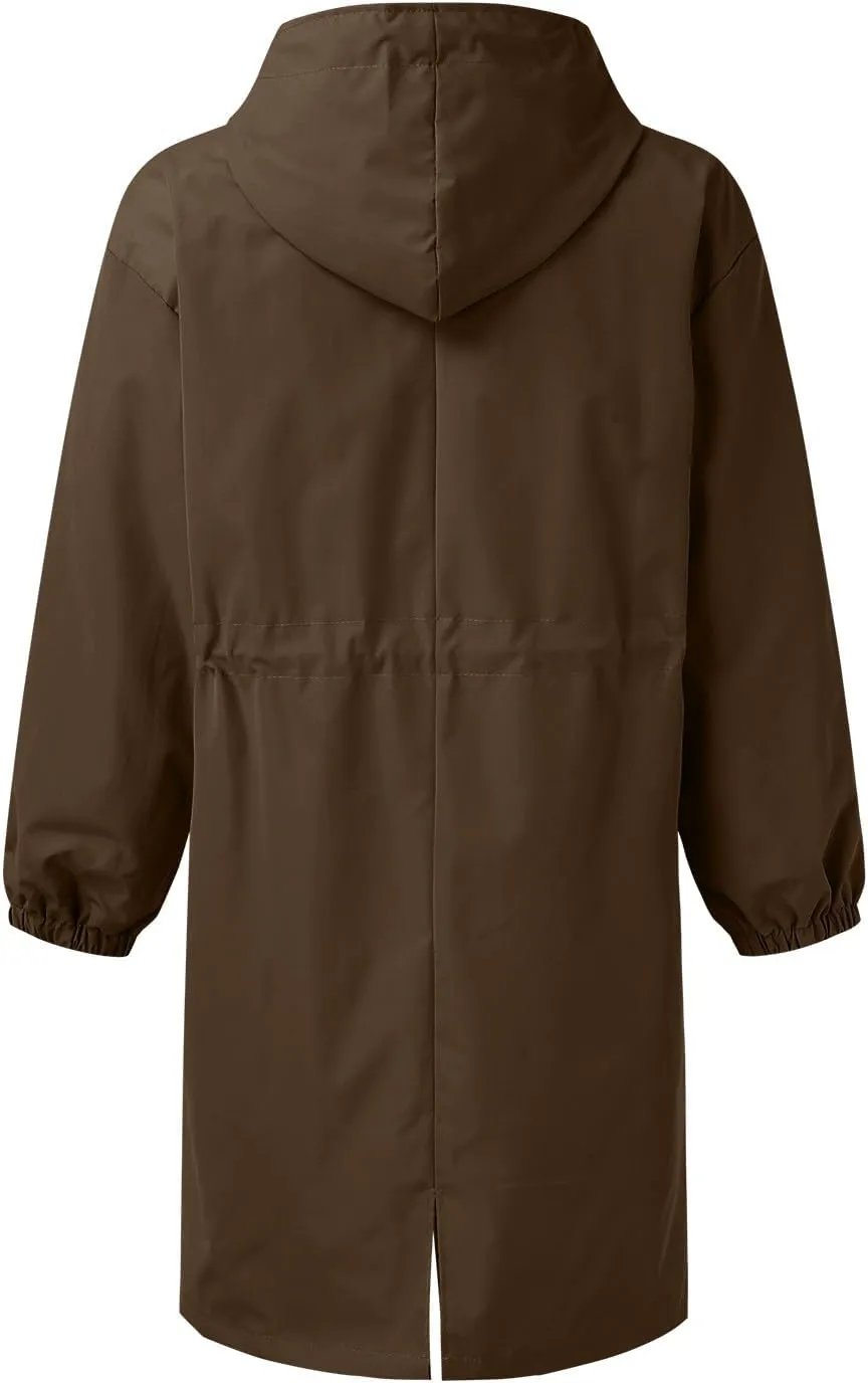 Womens Hooded Trench Coat Winter Lightweight Waterproof Rain Jacket Outdoor Button Down Oversized Windbreaker Outwear