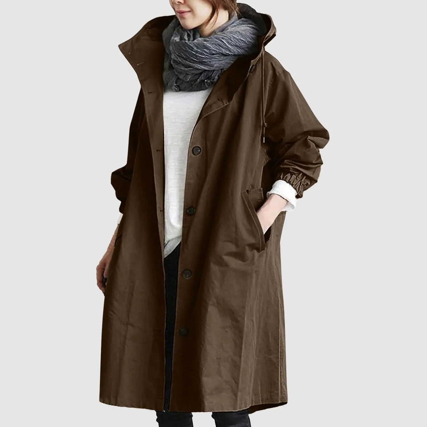 Womens Hooded Trench Coat Winter Lightweight Waterproof Rain Jacket Outdoor Button Down Oversized Windbreaker Outwear