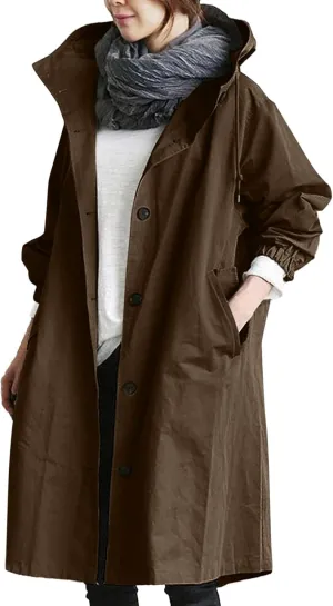 Womens Hooded Trench Coat Winter Lightweight Waterproof Rain Jacket Outdoor Button Down Oversized Windbreaker Outwear