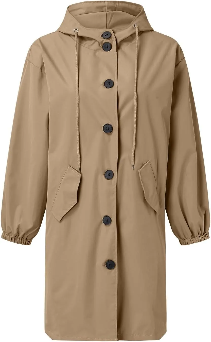 Womens Hooded Trench Coat Winter Lightweight Waterproof Rain Jacket Outdoor Button Down Oversized Windbreaker Outwear