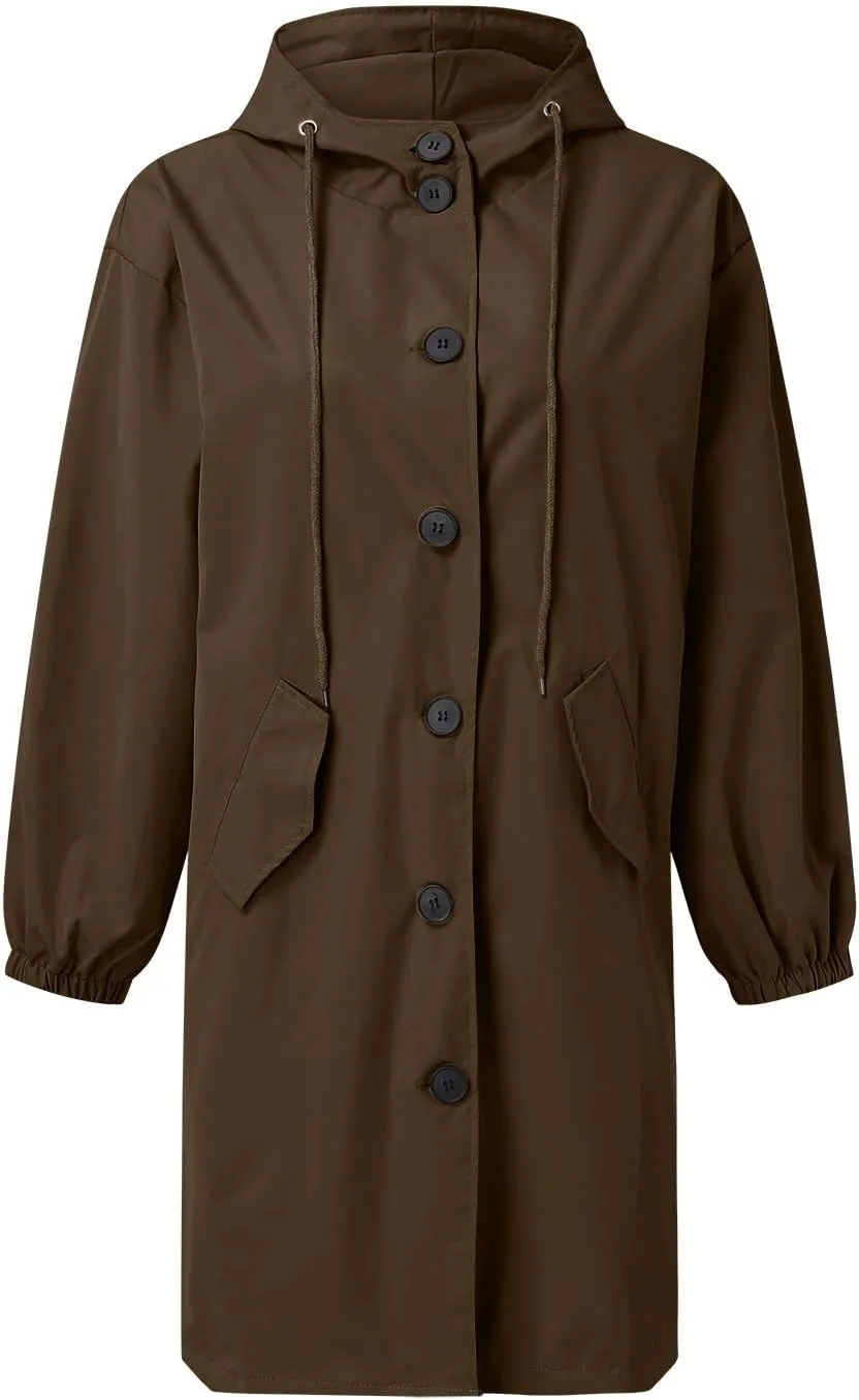 Womens Hooded Trench Coat Winter Lightweight Waterproof Rain Jacket Outdoor Button Down Oversized Windbreaker Outwear