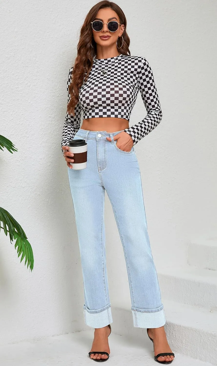 Womens Jeans High Waisted Stretchy Straight Leg Jeans for Women Tummy Control Trendy Cute Ankle Fold Hem Jeans Pants