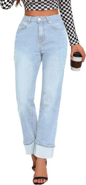 Womens Jeans High Waisted Stretchy Straight Leg Jeans for Women Tummy Control Trendy Cute Ankle Fold Hem Jeans Pants