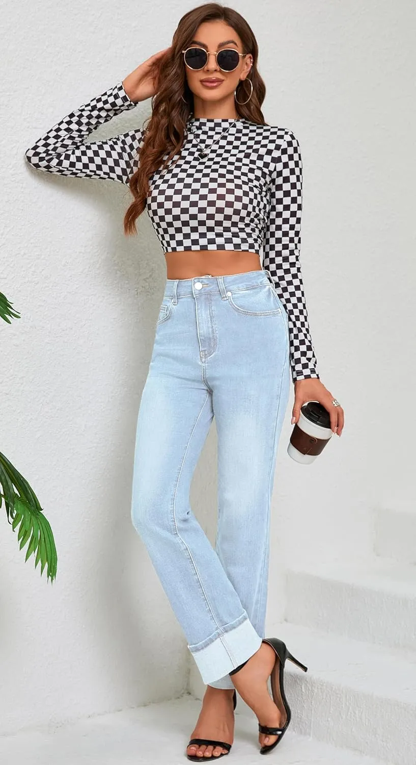 Womens Jeans High Waisted Stretchy Straight Leg Jeans for Women Tummy Control Trendy Cute Ankle Fold Hem Jeans Pants