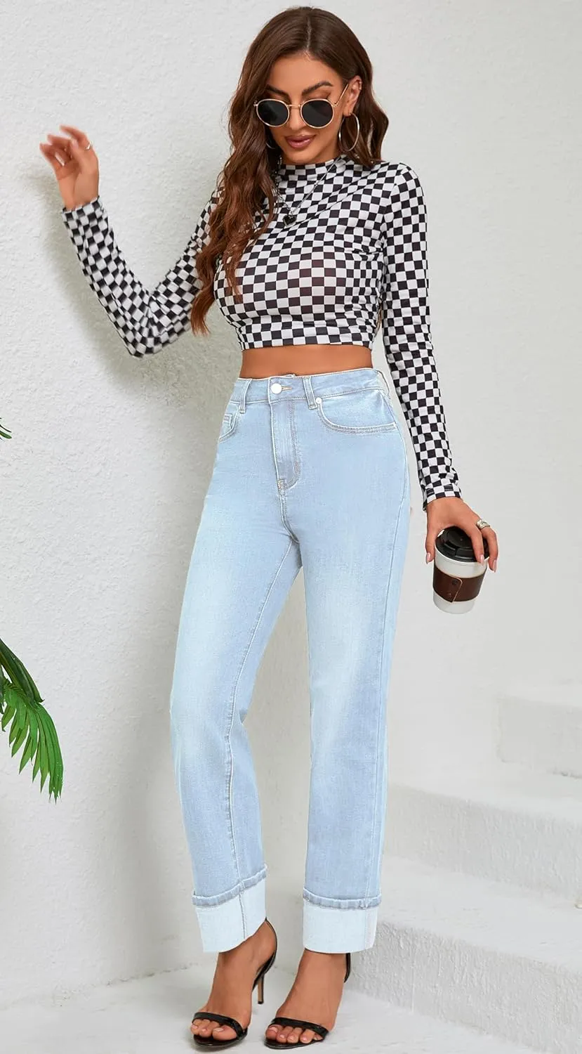 Womens Jeans High Waisted Stretchy Straight Leg Jeans for Women Tummy Control Trendy Cute Ankle Fold Hem Jeans Pants