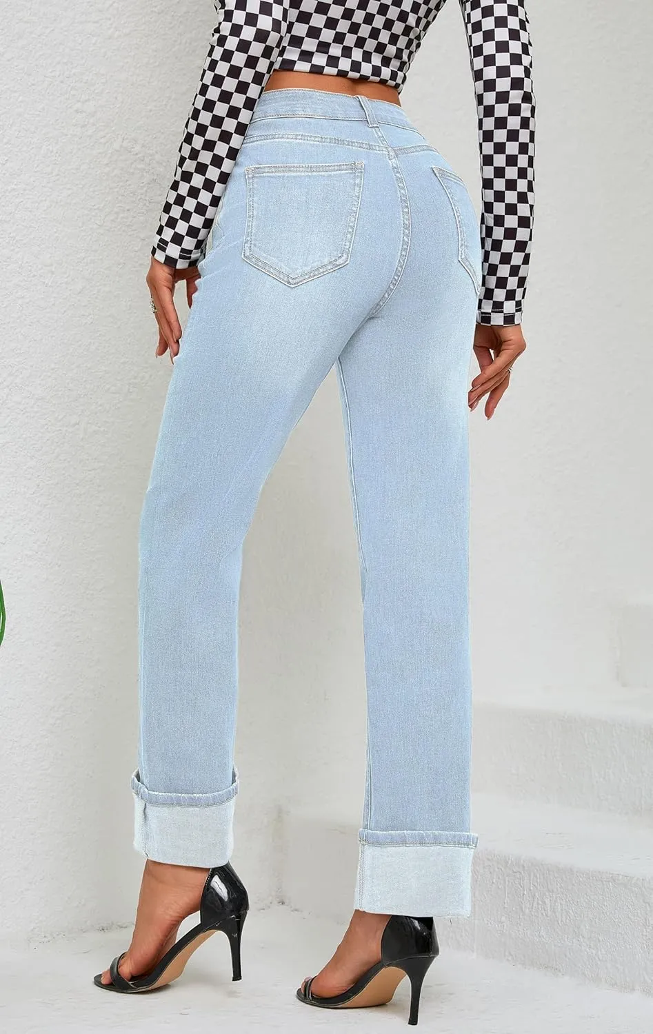 Womens Jeans High Waisted Stretchy Straight Leg Jeans for Women Tummy Control Trendy Cute Ankle Fold Hem Jeans Pants