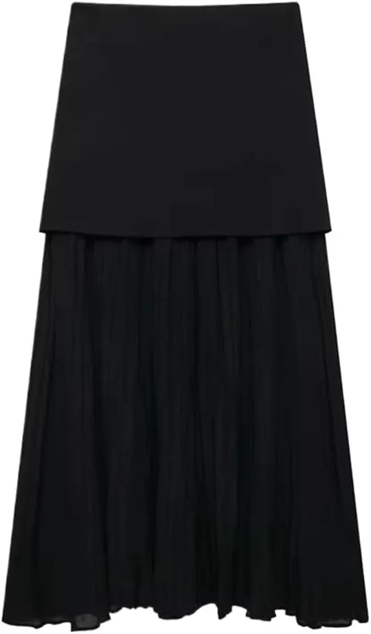 Women's Knitted Patchwork Midi Skirt with Side Zipper for OfficeSlim Fit Solid Color Pleated Design