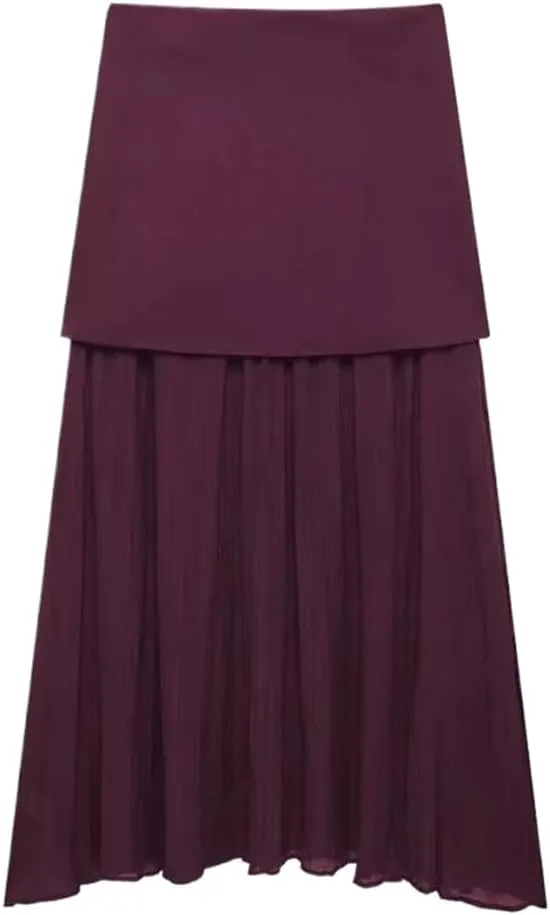 Women's Knitted Patchwork Midi Skirt with Side Zipper for OfficeSlim Fit Solid Color Pleated Design
