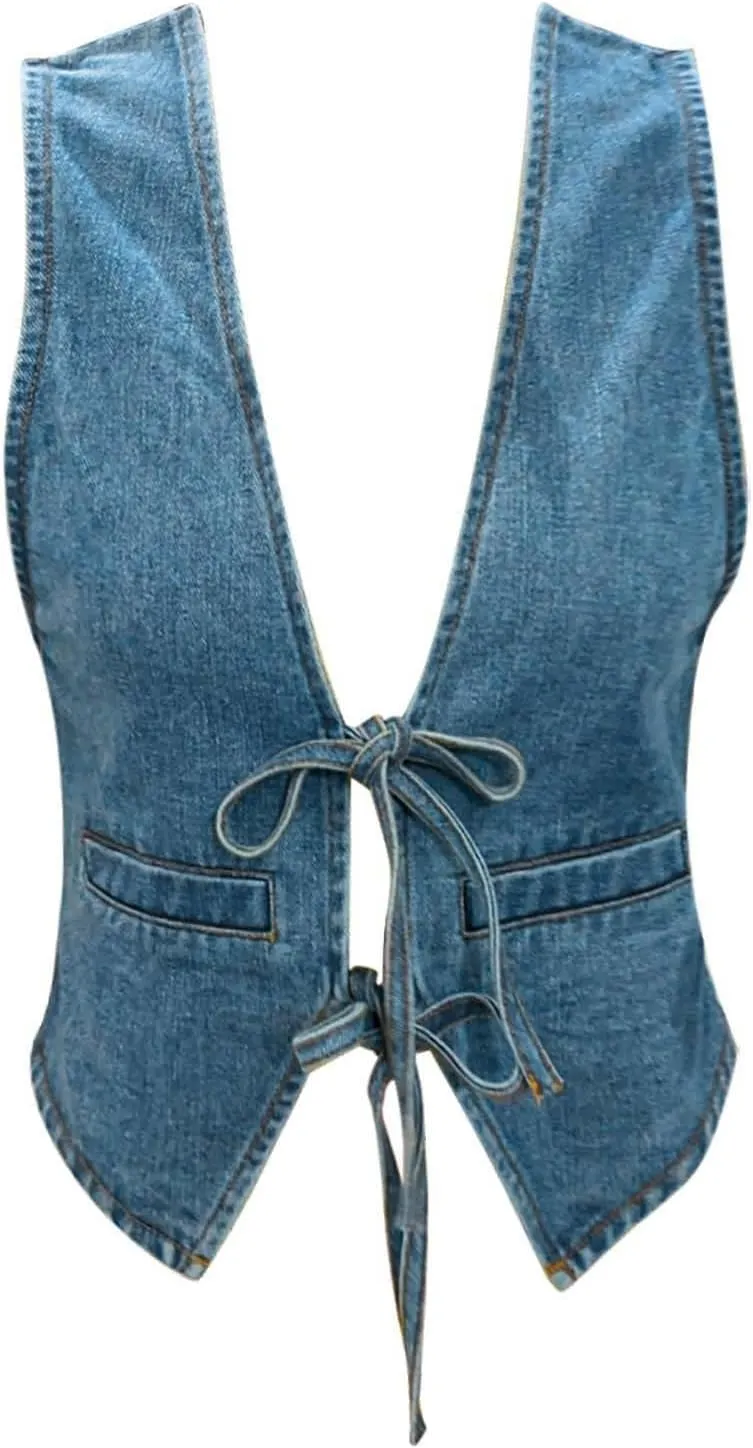 Women's Lace Up Tie Front Denim Vest Sleeveless Casual Gilet Jacket Deep V Neck Jean Waistcoat Y2k Crop Top