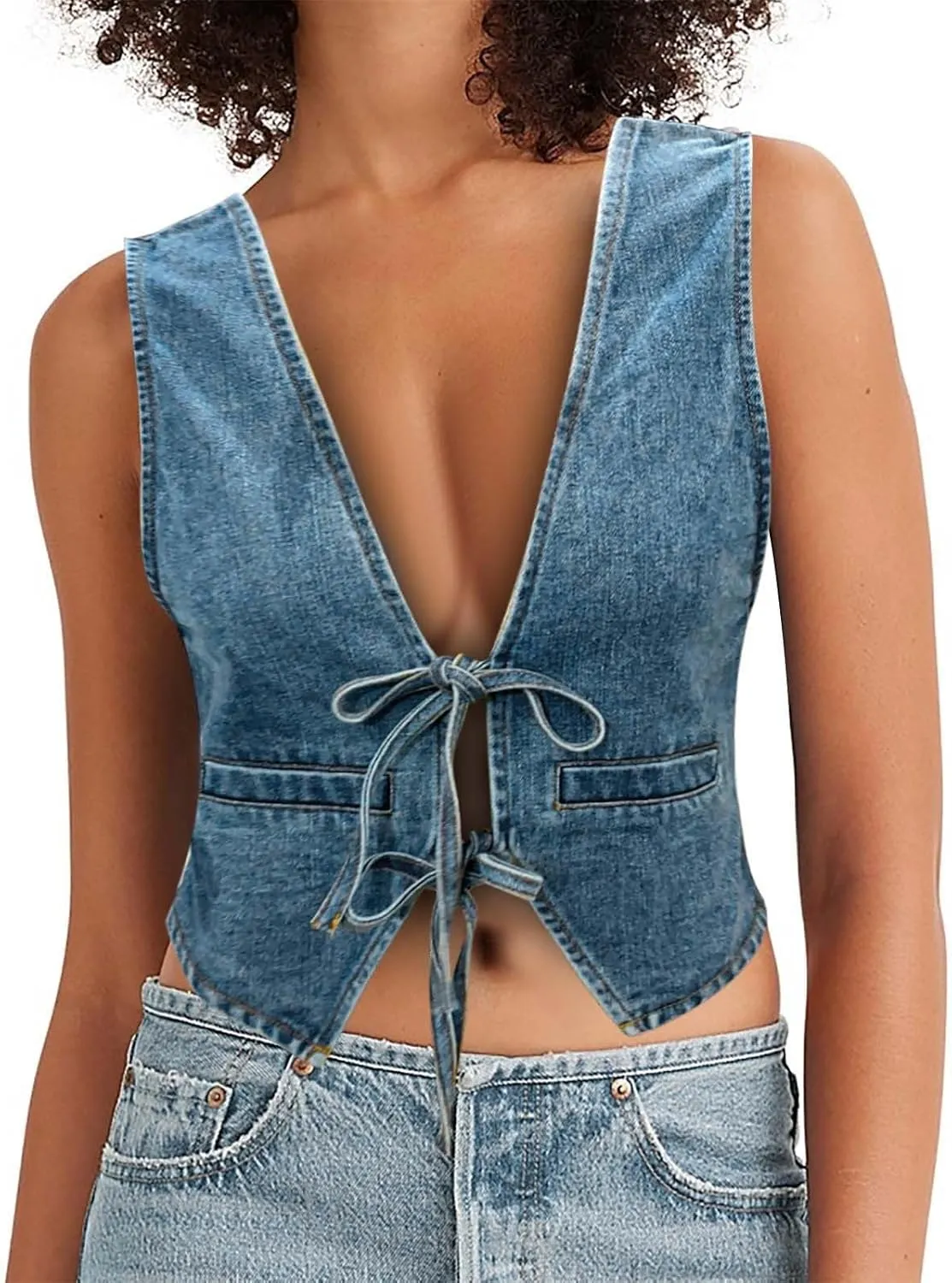 Women's Lace Up Tie Front Denim Vest Sleeveless Casual Gilet Jacket Deep V Neck Jean Waistcoat Y2k Crop Top
