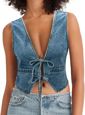 Women's Lace Up Tie Front Denim Vest Sleeveless Casual Gilet Jacket Deep V Neck Jean Waistcoat Y2k Crop Top