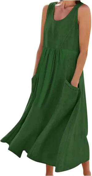 Women's Linen Maxi Dresses 2025 Summer Plus Size Sleeveless Flowy Sundress Beach Vacation Long Tank Dress with Pockets