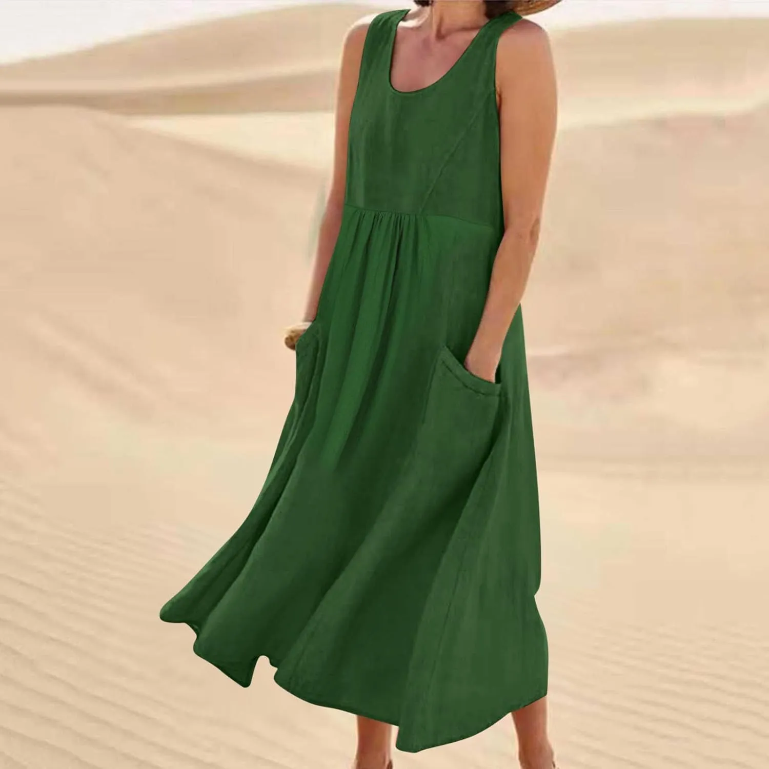 Women's Linen Maxi Dresses 2025 Summer Plus Size Sleeveless Flowy Sundress Beach Vacation Long Tank Dress with Pockets